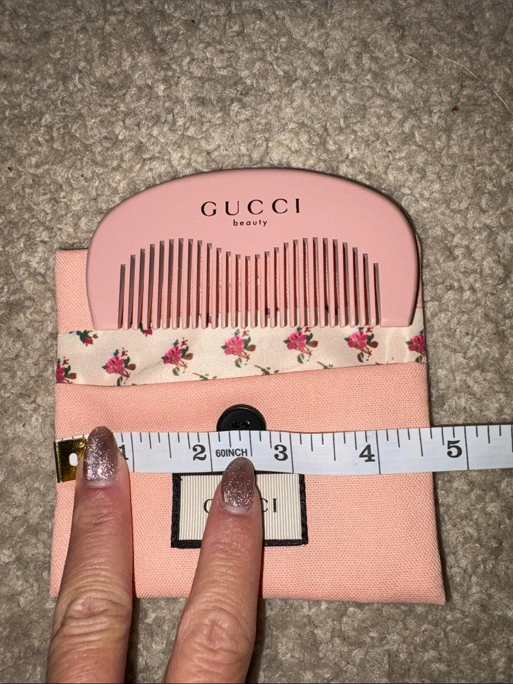 Pink Floral Trim Pocket Comb with Fabric Pouch